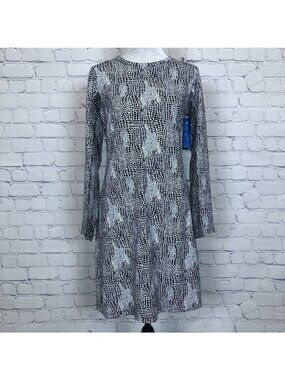 NWT IBKUL Long Sleeve Crew Neck Dress Size S Black White Snake Print UPF 50